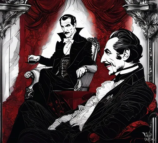 Prompt: (Vincent Price conversing with Bela Lugosi as Count Dracula), Black and White pen and ink sketch style, dark color scheme, elegantly gothic attire, intricate details, dim lighting, dramatic shadows, opulent background, luxurious textures, ornate furniture, deep reds and blacks, baroque patterns, solemn atmosphere, rich color tones, dark romanticism, ultra-detailed, 4K, photorealistic masterpiece, timeless elegance.