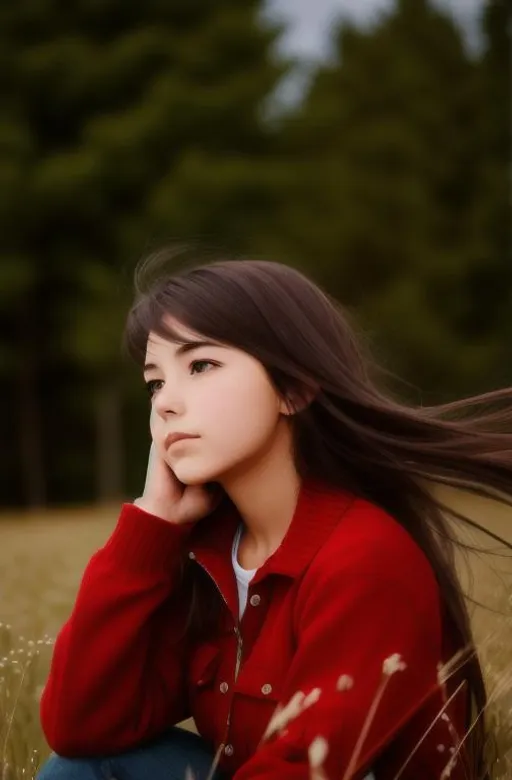 Prompt: A girl sitting in a meadow with wind blowing through her hair.