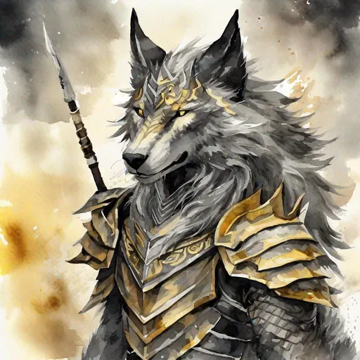 Prompt: Ancient Dragon Hunter Wolf, ebony black fur, slight grey and gold armor, this wolf hunts dragons, masterpiece, best quality, (in watercolor painting style)