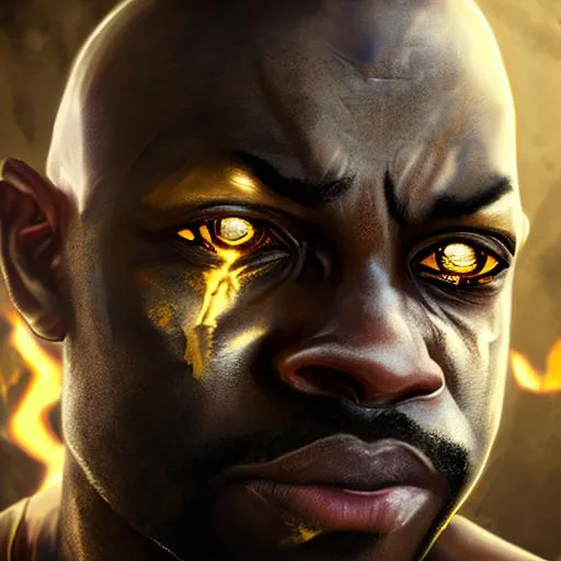 Prompt: a gritty photo-realistic portrait in a high-fantasy setting of a bald man with dark skin and glowing golden eyes