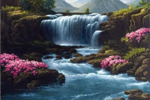 Prompt: Painting of a waterfall surrounded with mountains with flowing river, flowers 