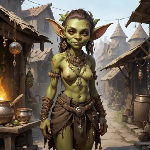 Prompt: Full body, Fantasy illustration of a young female goblin shaman, beautiful, exquisitive jewellery, wise and mystical appearance, mischievous expression, high quality, rpg-fantasy, medivial slum in background