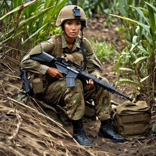 Prompt: RAW photo, athletic young Indonesian woman, 25 year old, (round face, high cheekbones, almond-shaped brown eyes, epicanthic fold, small delicate nose), soldier, ((camouflage fatigues)), body armor, army helmet, (scenery deserted tropical village, small fires, destroyed vehicles), masterpiece, intricate detail, photorealism, hyper-realistic, octane render, 16K, award-winning photograph, UHD, HDR