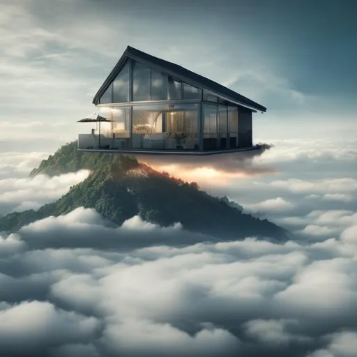 Prompt: small dream home in the sky amongst clouds