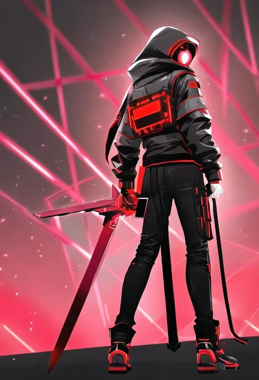 Prompt: Male character, black but red neon gas mask, cyber netrunner hood (black but neon red), neon red Sword In its Back, Red Mecha Cyber Jacket, black jeans, red shoes