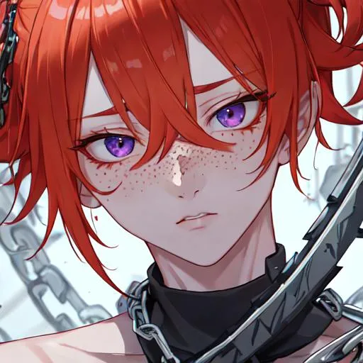 Prompt: Erikku male adult (short ginger hair, freckles, right eye blue left eye purple) UHD, 8K, Highly detailed, insane detail, best quality, high quality, holding a chain saw