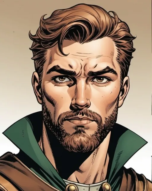 Prompt: Silk screen comic book illustration Irish-American male, with a full beard, humble expression, dressed in medieval ranger garments, light brown hair styled casually, chocolate brown eyes 1960 retro comic book style.