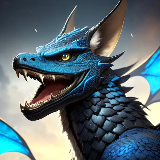 Prompt: Portrait of an anthro wyvern with striking blue fur and iridescent black markings and a cute face, liminal space streets, perfect composition, hyperrealistic, super detailed, 8k, high quality, trending art, trending on artstation, sharp focus, studio photo, intricate details, highly detailed, by greg rutkowski