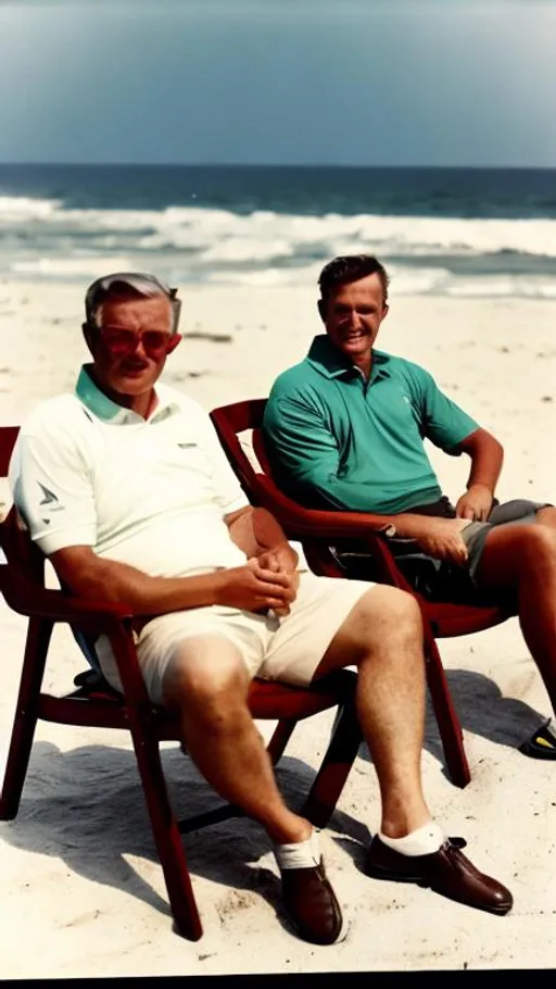 Prompt: Two men in golf clothes, sitting on chairs, on a beach, during a hurricanes, color photo,