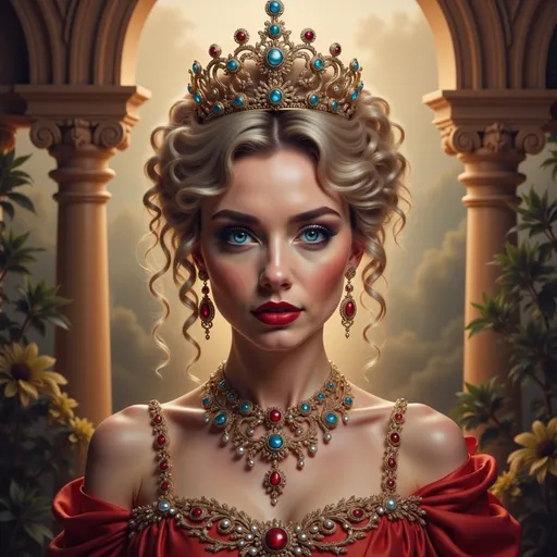 Prompt: Majestic queen, adorned in an opulent crown, flowing luxurious gown embellished with jewels, regal pose radiating confidence, warm golden light illuminating her features, surreal background of ornate architecture and lush gardens, powerful and elegant ambiance, ultra-detailed, 4K resolution, enchanting atmosphere that exudes royalty and grace.