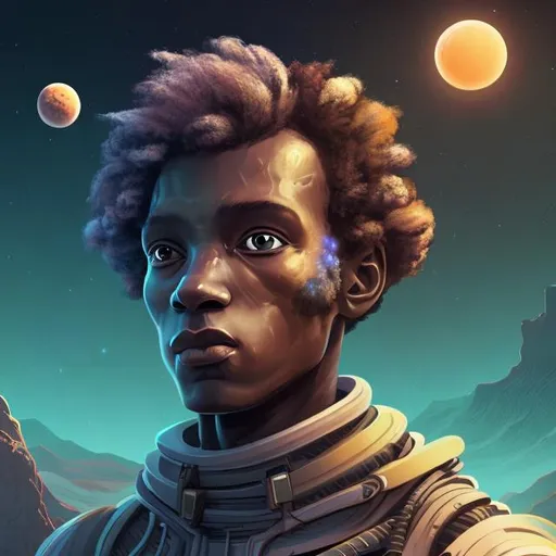 Prompt: create an illustration of a science fiction character that lives on another planet. hi-res. UHD, HDR. Fantasy colors. Black man, brown curl hair, some human like physical features.