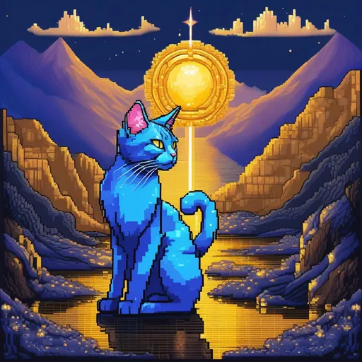 Prompt: (pixel art), 16-bit, beautiful {blue cat}, with {silver eyes}, three tails, presenting magical jewel, looking at viewer, glaring through fourth wall, layers of golden mountain silhouettes, magical fantasy crystal lake, twilight, highly detailed, beautifully detailed shading, complementary colors, golden ratio, SNES graphic, Sega genesis graphics, character concept