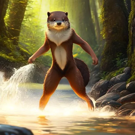 Prompt: Full-body detailed masterpiece, fantasy, high-res, quality upscaled image, perfect composition, subject of this image is a bipedal female otter, brown fur, athletic body, 18k composition, 16k, 2D image, cell shaded, otter, athletic torso, forest background, female chest; using renamon as the body,  otter face features