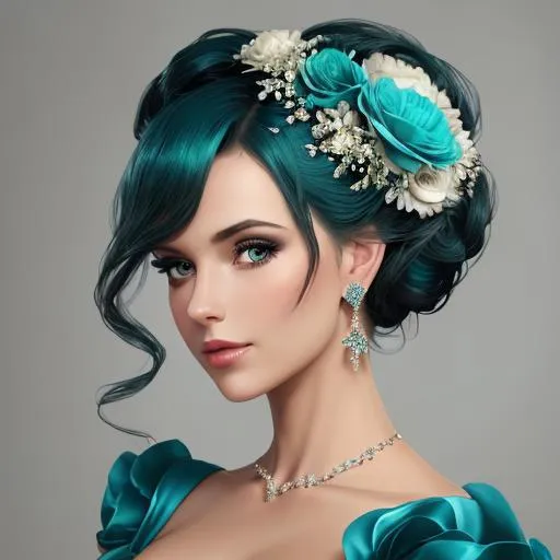 Prompt: Beautiful woman portrait wearing an teal evening gown, elaborate updo hairstyle adorned with flowers, facial closeup
