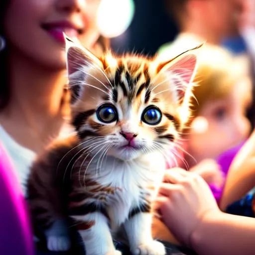 Prompt: kitten at party surrounded by people