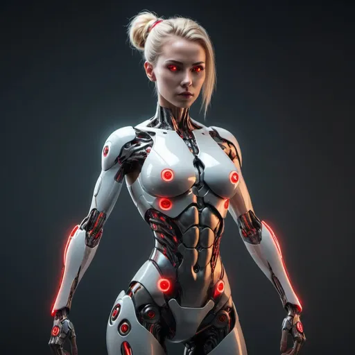 Prompt: Full body shot of a slim, very athletic cyborg woman with shiny blonde hair pulled back in a tight low bun. She is designed for combat. She has glowing red cyborg eyes. She is infected by a rogue AI.
