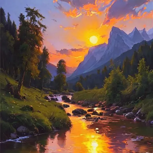 Prompt: Peder mork monsted.  Sunset.  Mountain stream. Gouache