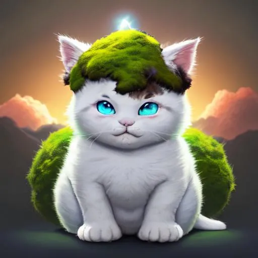 Prompt: landscape, 3 / 4 view, wide view, 7 "colorful, proud, very fat, " baby cat", with a halo", wearing a full crystal helmet glowing, realistic, spiked hair, fluffy, silky, furry, backlit, warm tones, night-sky, moss, indigo, cream, coral, bone-white, photorealistic eyes, ornate, dynamic, particulate, intricate, elegant, highly detailed,  airbrush, acrylic on paper, volumetric lighting, occlusion, smooth, sharp focus, 128K UHD octane render, w more detail, ultra realistic, insane detail, cinematic, Curvaceous Light bending.