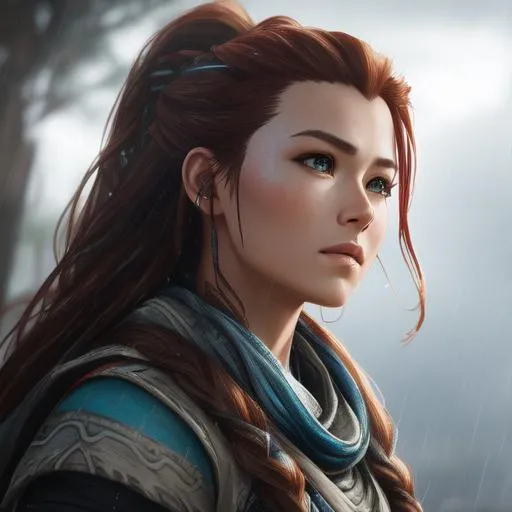 Prompt: Aloy from Horizon Zero Dawn standing in the rain, 64k, best version, HDR, looking at camera, fullbody-portrait, wet skin, highly detailed