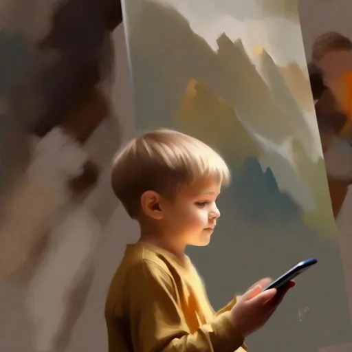 Prompt: create a oil painting concept art of one child using mobile madly