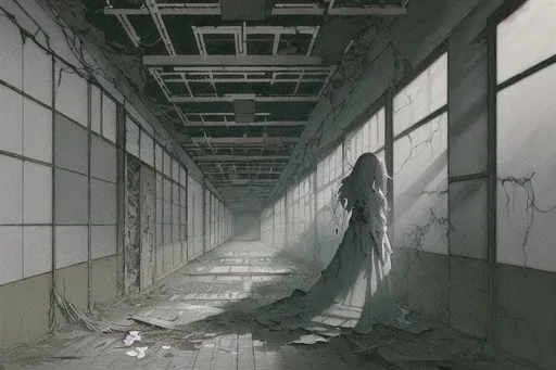 Prompt: a beautiful ukiyo painting of a female ghost girl in a derelict corridor, detailed portrait, intricate complexity, concept art, kusôzu. cinematic dramatic atmosphere, sharp focus