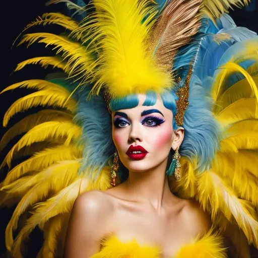Prompt: her name was lola she was a showgirl with yellow feathers in her hair and a dress cut down to there