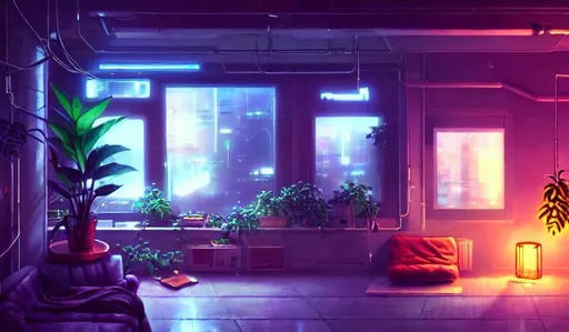 Prompt: warm, cozy cyberpunk home, couch, render,  hanging plants, octane, highly detailed, vivid colors, high definition, by makoto shinkai, anime art wallpaper 4k,  featured on artstation hd