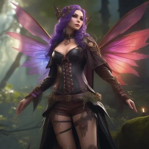 Prompt: ((Epic)). ((Cinematic)). Shes a colorful, Steam Punk, gothic, witch.  ((distinct)) Winged fairy, with a skimpy, ((colorful)), gossamer, flowing outfit, standing in a forest by a village. ((Wide angle)),  Detailed Illustration. 4k, 8k.  Full body in shot. Hyper real painting. Photo real. A ((beautiful)), very shapely woman with ((anatomically real hands)), and ((vivid)) colorful, ((bright)) eyes. A ((distinct))  Halloween night. Concept art. 