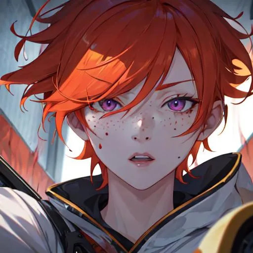 Prompt: Erikku male adult (short ginger hair, freckles, right eye blue left eye purple) UHD, 8K, Highly detailed, insane detail, anime style, covered in blood, psychotic, pointing a shotgun straight at the camera