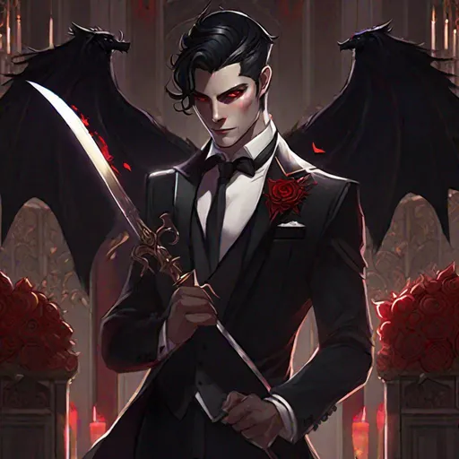 Prompt: Damien  (male, short black hair, red eyes) demon form, wearing a tuxedo, standing at the altar, biting his lip seductively, wearing a crown, holding a knife
