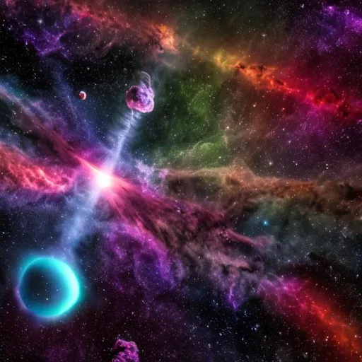 Prompt: Space scene with multi-colored nebulas and a black hole catching them in it's event horizon