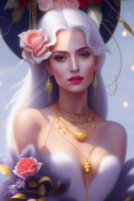 Prompt: masterpiece, best quality, highly detailed, highly detailed background:1.2, )<lora:matureFemaleLoha_v420 (1):1> portrait of a young mature woman, glowing aura, dainty gold rope chain necklace, large hanging gold earrings, gradient raven colored hair, goddess of fire and ice, Pokimane, (gold accents), (fire), (ice), red lipstick, (((wearing a white nearly translucent dress))), ((full body shot)), dynamic angle, ((mysterious eyes)) rose garden at dusk,sparkle style-swirlmagic, style-paintmagic stars, flowers, 8k cinematic lighting, intricate, elegant, super highly detailed, ethereal, magical, majestic, breathtaking, stunning, flawless, intricate details, highres, art station, concept art, smooth, sharp focus, no blur, no dof, extreme illustration, Unreal Engine 5, Photorealism, HD quality, 8k resolution, cinema 4d, 3D, beautiful, delicate, art by artgerm and greg rutkowski and alphonse mucha and loish and WLOP