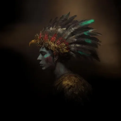 Prompt: {red hal 9000}, ((bright red)), bioluminescence, long eagle feathers on the head, jaguar,golden crown, feathered crown , body , side view ,golden armor, aztec jewelry , whole body, detailed feathers, sharp feathers, sharp colourful feathers