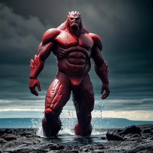 Prompt: giant monster, lava arm left, water arm right, air head, full body, 
