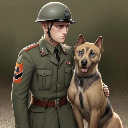 Prompt: World War Two German soldier with a dog style of Brothers Hildebrandt
