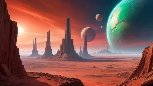 Prompt: ancient alien ruins in foreground, alien city in the distance surrounded by a fortified wall, planet mars setting, sky filled with red clouds, a huge blue-green planet hangs in the sky, highly detailed, photo realistic