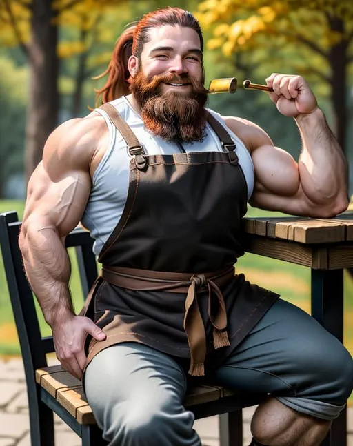 Prompt: oil painting, D&D fantasy, {30 years old}, muscular D&D dwarf man, {very short height}, {thick limbs}, sitting on a chair outdoors, smiling, peak masculinity, {long red gold ponytail}, {waist length beard}, looking at the viewer, {wearing blacksmith apron}, {wearing elbow length blacksmith gloves}, UHD, hd, 8k eyes, detailed face, big green eyes, 8k eyes, {wide green eyes}, {wide mouth}, straight nose, high cheekbones, {extremely broad hips}, extremely broad shoulders, intricate details, {insanely detailed eyes}, masterpiece, cinematic lighting, 8k, complementary colors, octane render, volumetric lighting, unreal 5, artwork, concept art, cover, top model, light on hair, glamourous hyperdetailed river background, ultra-fine details, hyper-focused, deep colors, dramatic lighting | by sakimi chan, artgerm, wlop, pixiv, tumblr, instagram, deviantart