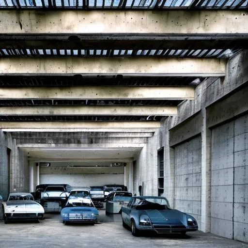 Prompt: brutalist architecture  garage. with lots of natural light and cars inside