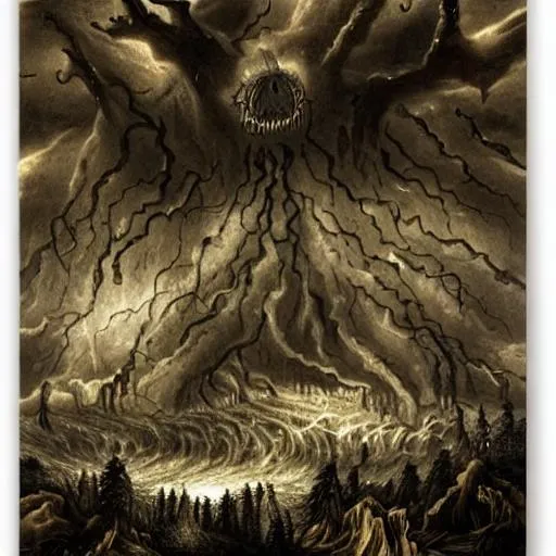 a storm vortex made of many demonic eyes and teeth o...