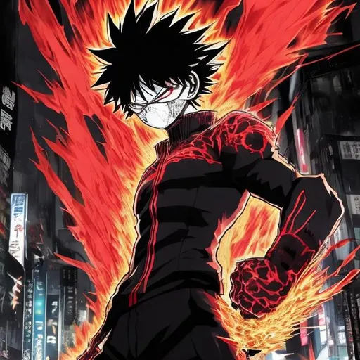 Prompt: Black and neon red. Accurate my hero academia todoroki masked as villain with fire. Very Dark image with lots of shadows. Background partially destroyed neo Tokyo. Noir anime. Gritty. Dirty. Visceral. Evil eyes. Bold