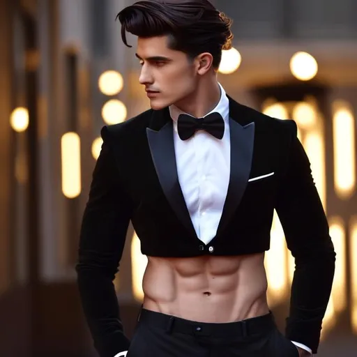 Prompt: Make a great photo of an attractive extremely long wavy hair young adult man with a six pack abs wearing a crop top black long sleeve closed buttoned up tuxedo with a bowtie, black tuxedo pants and a bare midriff, he also has an exposed belly button, he is flexing his abs with his crop top, detailed, 4k, lighting,  professional lighting, art, concept art, award winning photography, cinematic, cave lighting