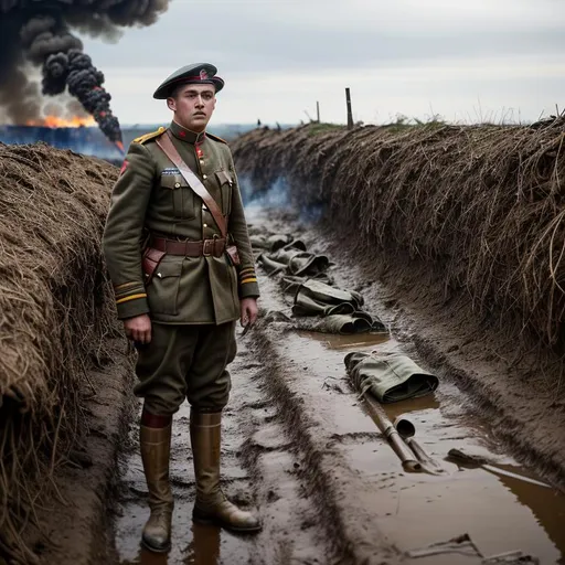 Prompt: WW1 trench with a tired british soldier, wounded and bandaged head, arm and legs and his uniform covered in dirt, blood and small splinters of wood, with a look of anguish and horror on his face, standing in mud while artillery shells hit and explode all across no man's land causing great plumes of black smoke and fires and the corpses of his dead comrades buried half in the mud, the sky is brooding and the rain is pooring down