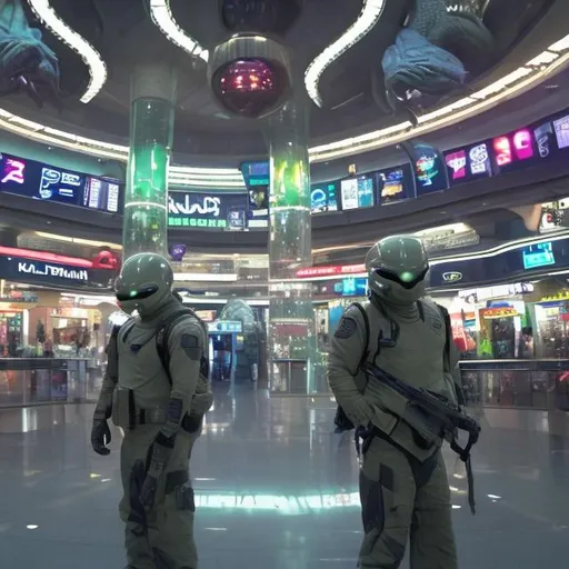 Prompt: Komodo Dragon security guards in a busy alien mall, widescreen, infinity vanishing point, galaxy background, surprise easter egg