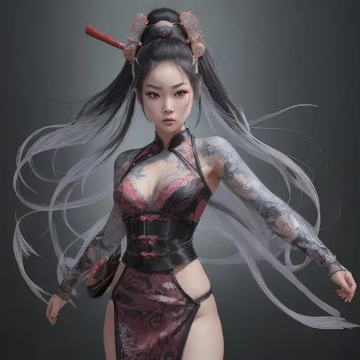 Prompt: Professional time lapse, over exposure Photo Realistic Image of a hyper stylized martial artist beautiful perfect young East Asian Woman, perfect super cute face, absolute proportions, amazing body, intricate hyper detailed random color hair, intricate hyper detailed Geisha style makeup, intricate hyper detailed full body visible, lean feminine body, leather and lace outfit, mythical ninja Assassin,

In a surreal ancient east Asian village, cherry trees lining the street,

HDR, UHD, high res, 64k, cinematic lighting, special effects, hd octane render, professional artist, studio lighting,

by Artstation illustrators, by DevianArt illustrators, intricate details, face,  full body portrait, headshot, illustration, UHD, 4K