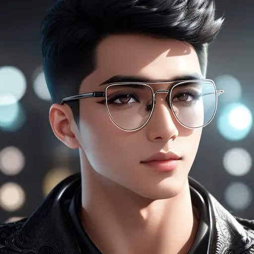 Prompt: boy with transparent glasses with black hair and with exotic face, perfect composition, hyper realistic, super detailed, 8k, high quality, trending art, trending on art station, sharp focus, studio photo, intricate details, highly detailed,