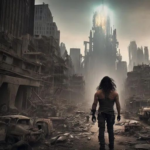 Prompt: Post apocalyptic city with a man that looks like Jason momoa standing on top a a skyscraper with two flares in his hands 