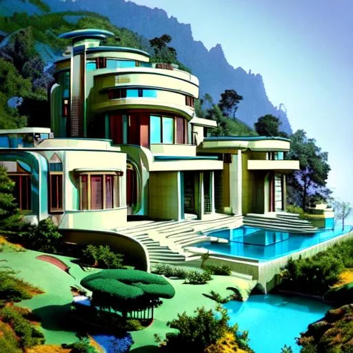 Prompt: Fantasy house in a deep valley. It is art deco style combined with bauhaus. There are trees around it. A big pool with sliders 