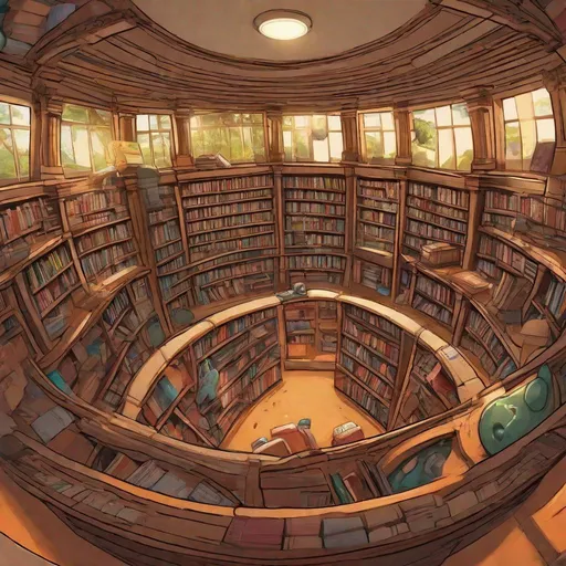 Prompt: Fisheye, corner of a library, fly's point of view, bug life, trending on artstation, 4k, dim lighting, cartoon style, in the corner looking down
