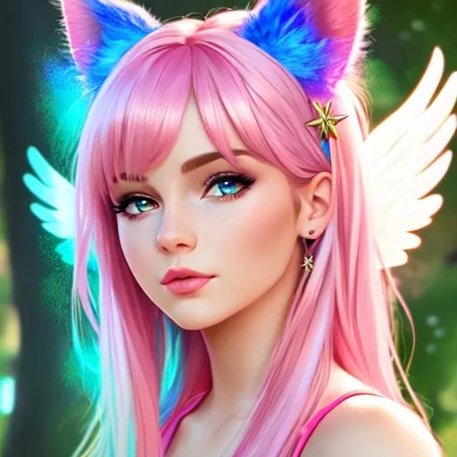 Prompt: 4K, 16K, picture quality, high quality, highly detailed, hyper-realism, skinny girl, pink hair, cat ears, rainbow eyes, angel wings, nature background