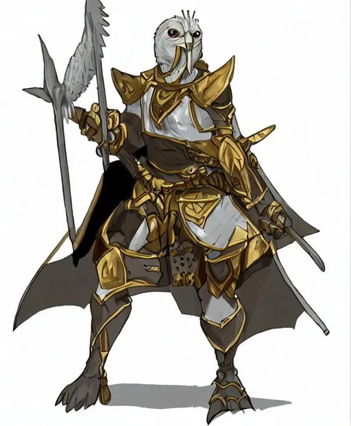 Prompt: Aarakocra, paladin, religious, white and gold
